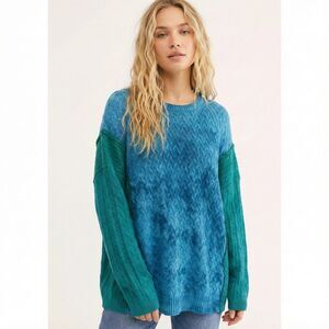 Upcycled Oversized Boho Sweater L-XXL One of a Kind Blue Green Colorblock Tunic